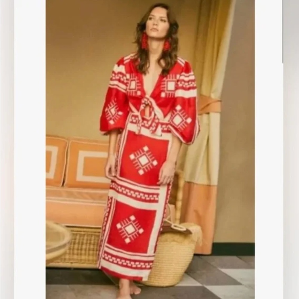 Caroline Constas Linen Blend Sun Goddess Cutout Maxi Dress Red Cream